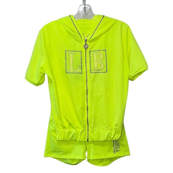 NWT L'ola Bianka Neon Green 3 Piece Short Track Set Size XS Logo Embroidered - Picture 1 of 10